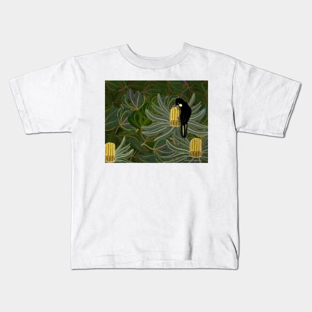 Golden Banksias and Black Cockatoo Kids T-Shirt by Donnahuntriss